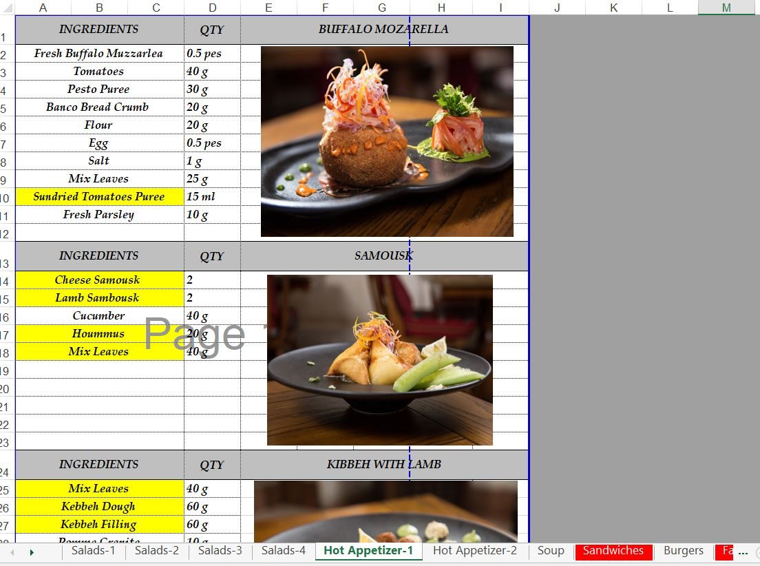 Recipe card spreadsheet showing hot appetizers with ingredient quantities and dish photos