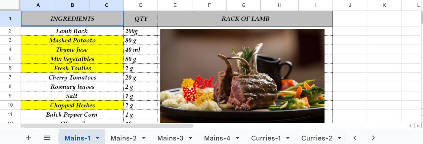 Recipe card spreadsheet for rack of lamb with ingredient quantities